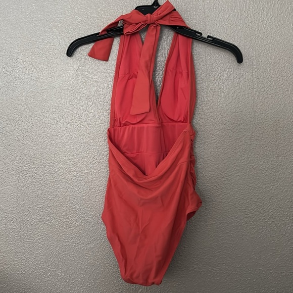 Women’s CUPSHE Whitney Ruched Halter Tummy Control One Piece Swimsuit XS Orange - Picture 2 of 7